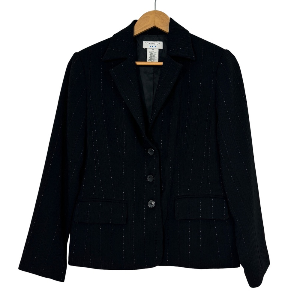 Covington Women’s Size 10 Medium Black Pinstripe Collared Button Suit Jacket